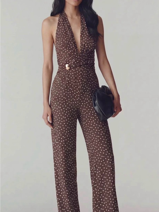 Love Tree Pants - Love Tree Brown Polka Dot Halter Jumpsuit